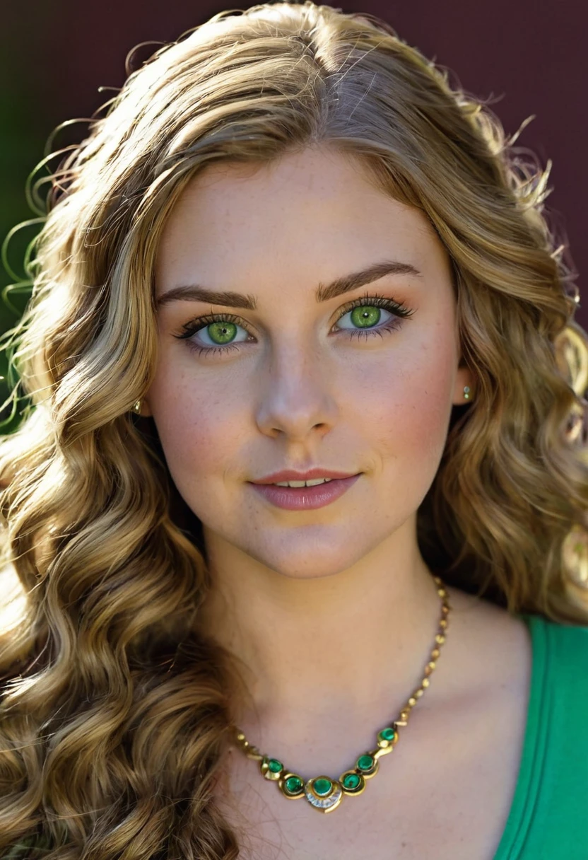 a 29-year-old American girl with long light brown wavy hair and piercing green eyes,