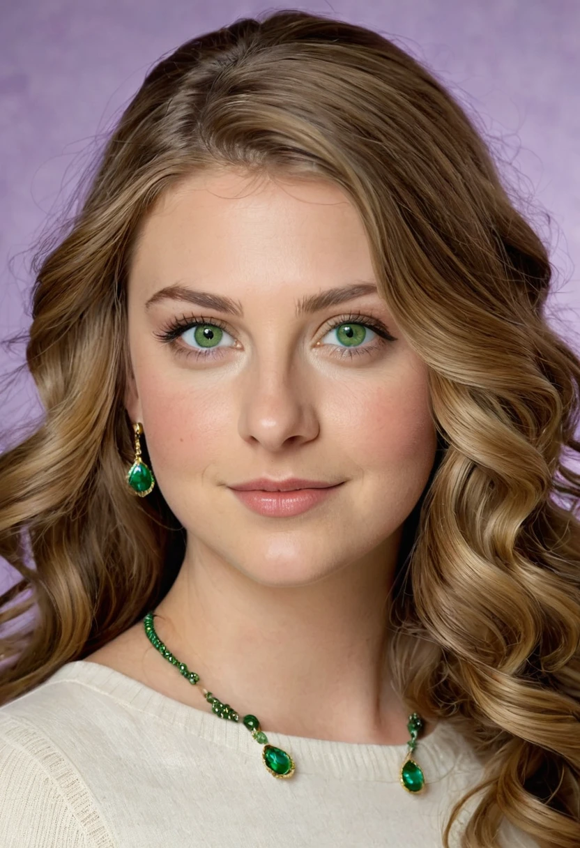 a 29-year-old American girl with long  light brown wavy hair and piercing green eyes,