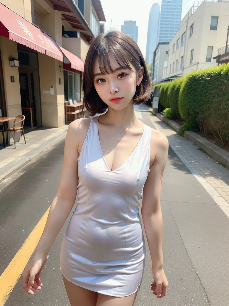 ((Best of the highest quality, 8k, Masterpiece, raw photo: 1.3)), Sharp focus: 1.2, (1 AESPA, slim body type female, 21 y/o: 1.1), (Solo: 1.2), (realistic, photo-realistic:1.37), face focus, cute face, finely eyes, (droopy eyes: 1.32), (Emphasize prominent aegyo-sal with bright: 1.2), shimmering eyeshadow applied under the lower lash line, paired with thick, (small breasts, flat chest, Thigh: 1.3), (short messy hair, bangs, updo: 1.2), (Wearing cheongsam dress), walking terrace dinning cafe, sun light, flower,