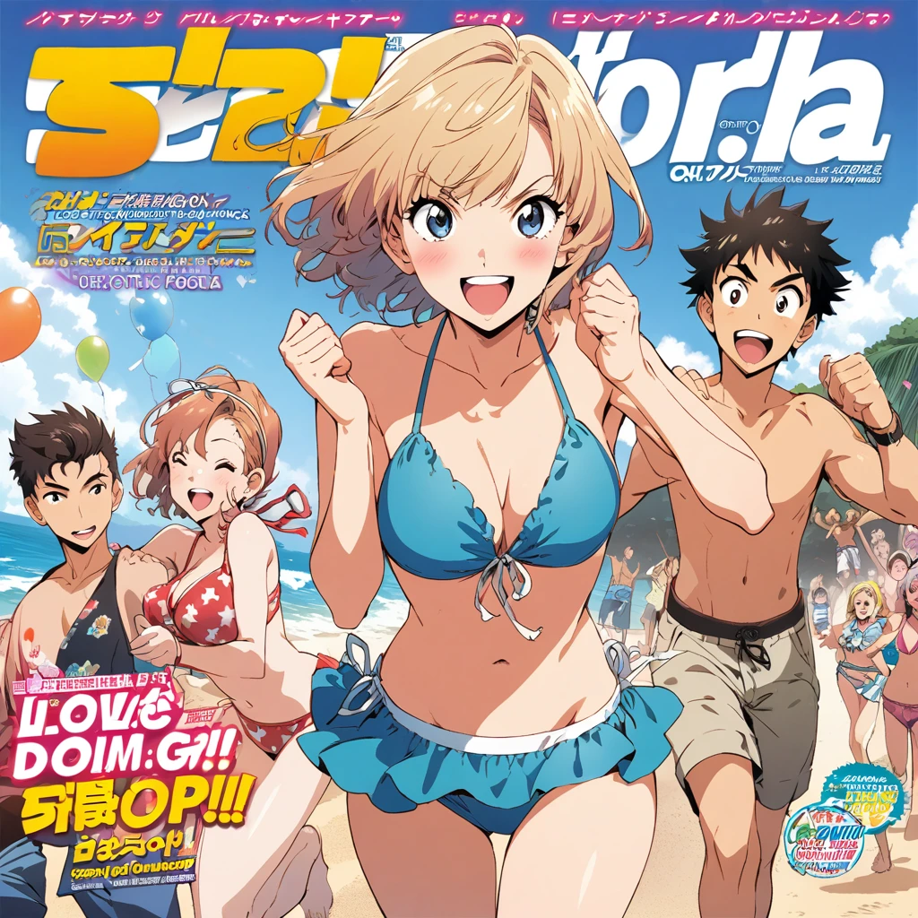 several characters, celebration, manga cover, shonen magazine, manga style, boys and girls, praia, bikini