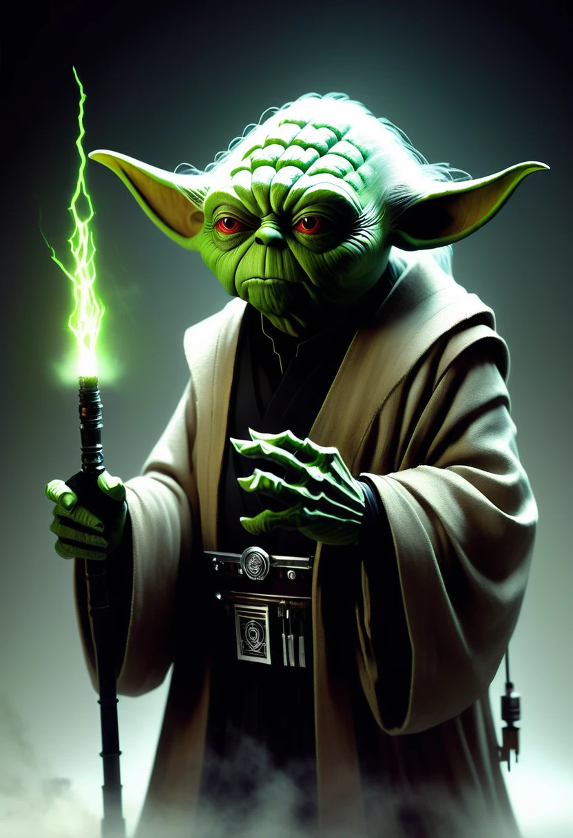 Ashley Wood style, dark scarlet, Chemiluminescence, Jedi master Yoda, (minimalism: 1), ray tracing details...Stephen Gammell style - Iai in Stephen Gammell style