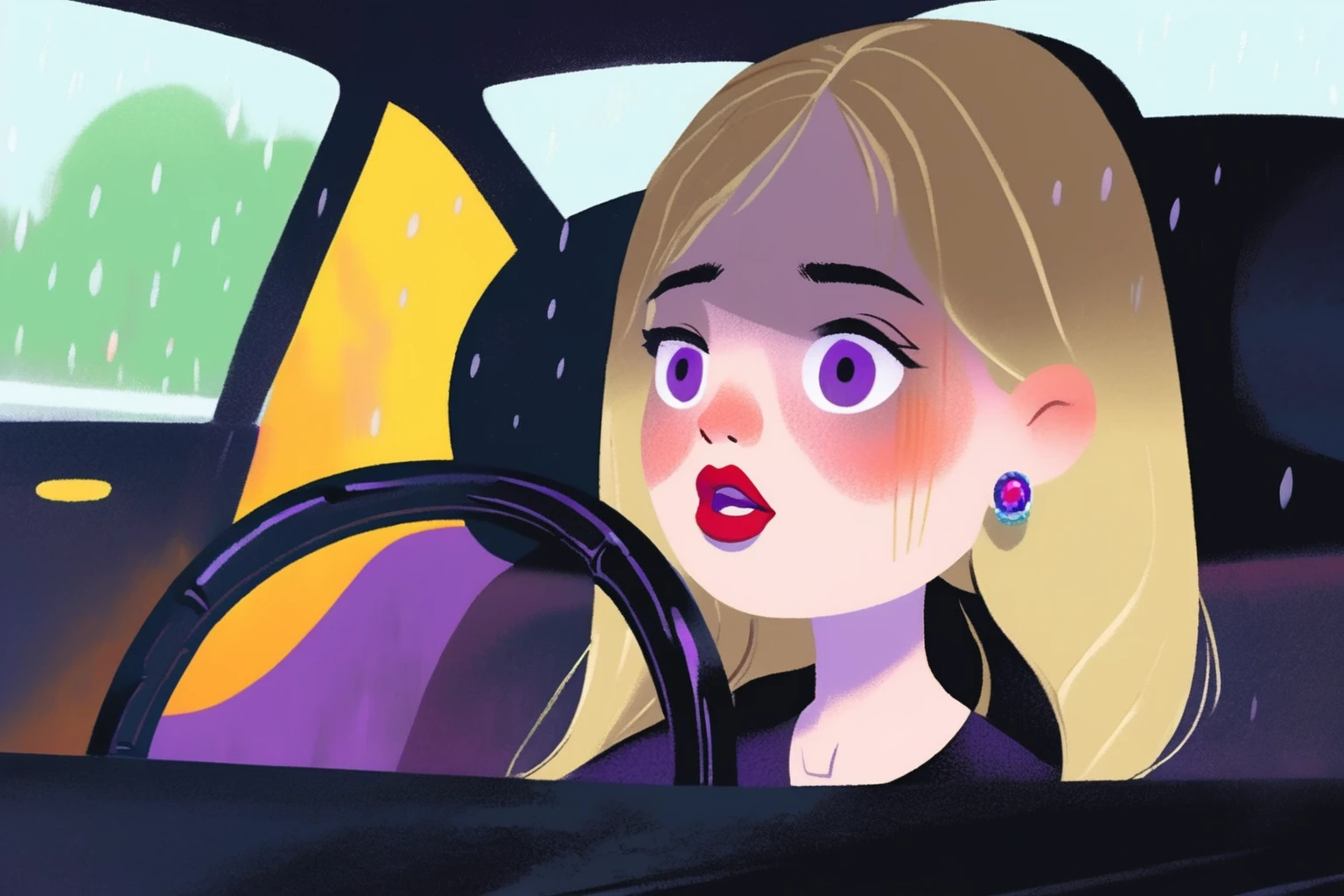 children's picture books,crayon paintings, 1 woman, bangs, blonde hair, car, car interior, closed mouth, earrings, ground vehicle, gothic black dress, jewelry, lipstick, long hair, looking at the road, makeup, motor vehicle, purple eyes, rain, red lips, solo, hand on the steering wheel, eyes on the road, looking sad