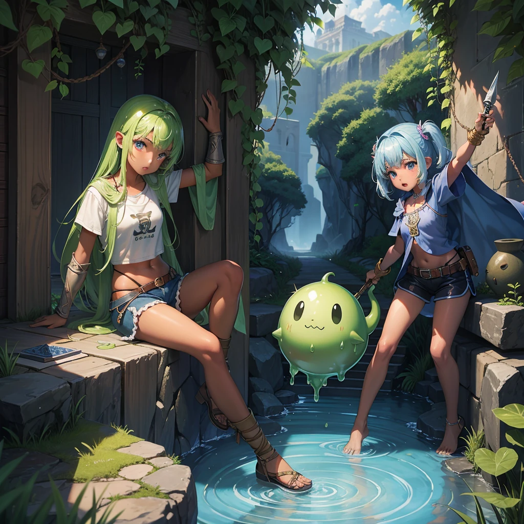 最high quality、high quality、Frugal cloth clothes、10Year-old girl adventurer、Climb the labyrinth stairs、Shorts、Equipped with a dagger and a shield、Inside the dim labyrinth、Being eaten by slime