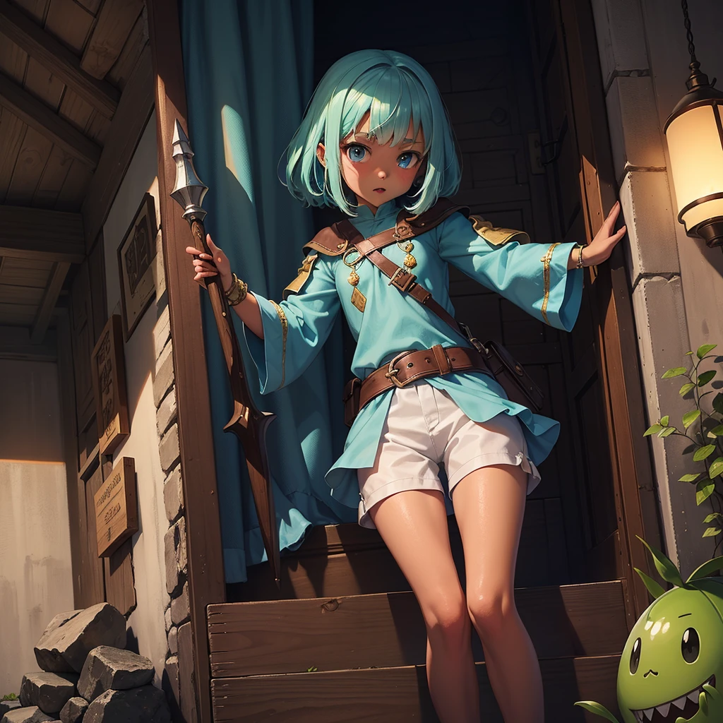 最high quality、high quality、Frugal cloth clothes、10Year-old girl adventurer、Climb the labyrinth stairs、Shorts、Equipped with a dagger and a shield、Inside the dim labyrinth、Being eaten by slime