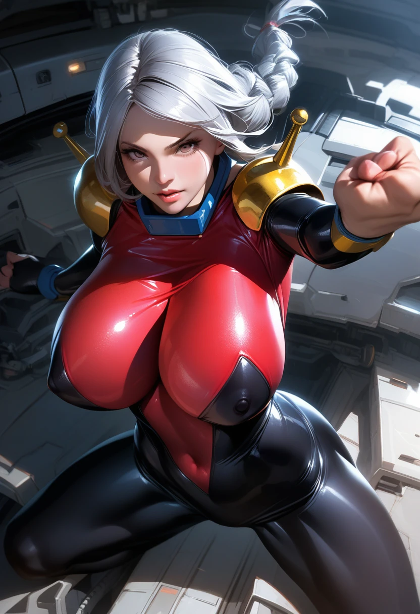 perfect hands, perfect finger,perfect anatomy, masterpiece, best quality,realistic, hyperrealistic, 16k hdr,1girl, large breasts,erected nipples,silver hair, braid,mobile trace suit, shoulder armor,bodysuit,fighting pose, upper body, cockpit,from above