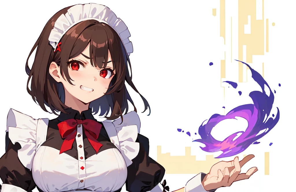 masterpiece, best quality, game_cg, girl, maid, short hair, brown hair, frown, jitome, scowl, crazy, dark_persona, red eyes, large breasts, using fire magic, maid clothes, grin, teeth , open hand, maid_headdress, 