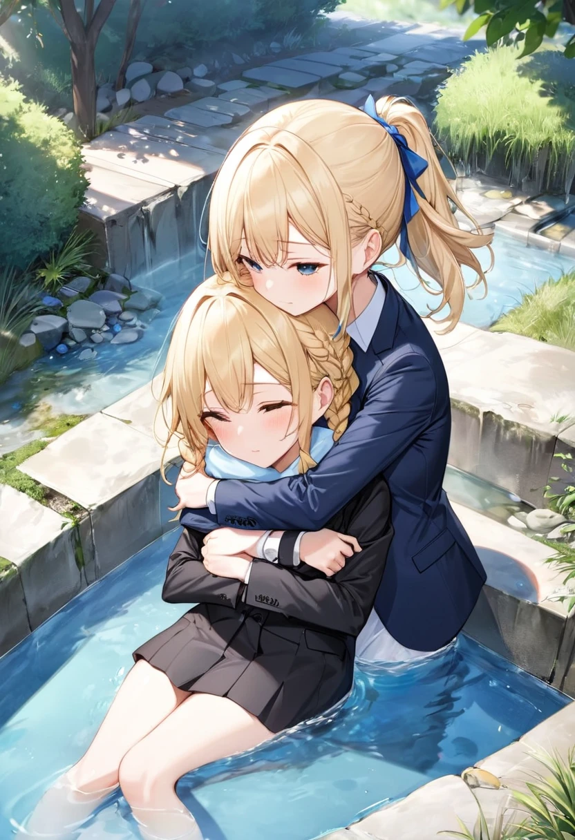 1 Girl, (alone:1.3), ditch, hot spring, Outdoor, Suit jacket, Hug your feet, of course(Blue Archive), Medium chest, Blonde Hair, Braid, Folded ponytail, Hair Ribbon,