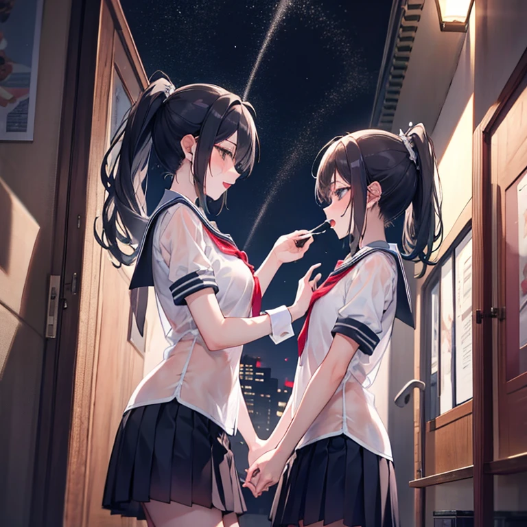 Three Sisters,sexual behavior,ponytail,Lesbian,Estrus,School building at night,Sexual conduct,See-through