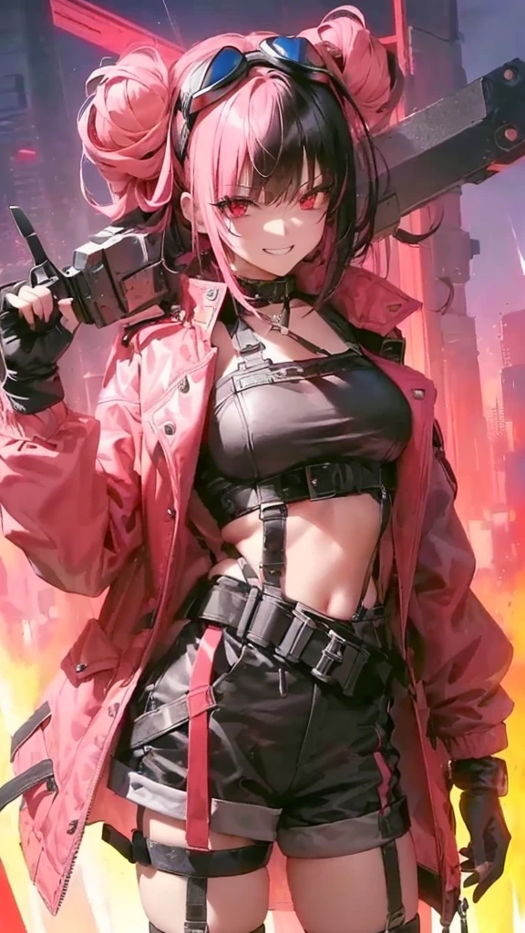 ltra-detailed, Girl, beautiful eyes, Beautiful red eyes, , cute figure, pretty face, grin, scary smile, executioner, cyberpunk style goggles on head, sharp eyes, wild and bold, hair color is pink gradient with black accents only on left side hair, bun hair, bob cut bangs, dressed in She is wearing a large military design jacket, black shorts, thigh-high knee socks, boots, leather gloves with cut-off fingers, a chainsaw with pretty decorations on her hand, and in the background, strong men of the Hell's Death Squad wearing pink cloth, composition looks like a scene from a movie, 16k. A movie scene, 16k, top quality, a masterpiece