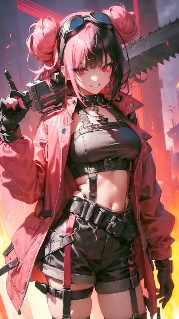 ltra-detailed, Girl, beautiful eyes, Beautiful red eyes, , cute figure, pretty face, grin, scary smile, executioner, cyberpunk style goggles on head, sharp eyes, wild and bold, hair color is pink gradient with black accents only on left side hair, bun hair, bob cut bangs, dressed in She is wearing a large military design jacket, black shorts, thigh-high knee socks, boots, leather gloves with cut-off fingers, a chainsaw with pretty decorations on her hand, and in the background, strong men of the Hell's Death Squad wearing pink cloth, composition looks like a scene from a movie, 16k. A movie scene, 16k, top quality, a masterpiece