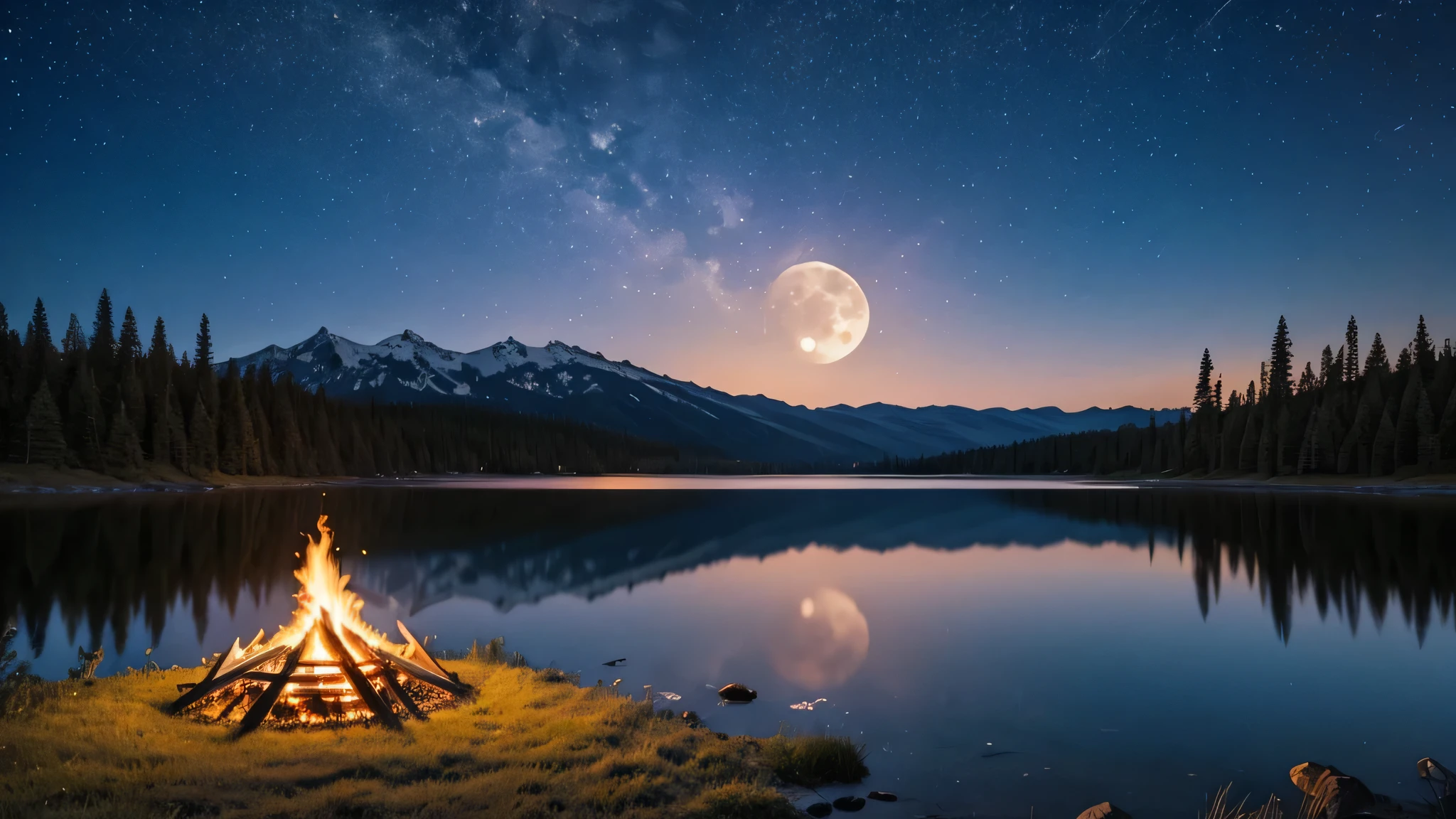 bonfire　full moon　shooting star　lake
