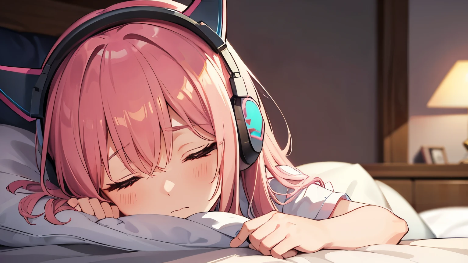 Girl sleeping in bed, The girl looks tired and sad, (Pink Hair), Put the headset on your head next to your phone,