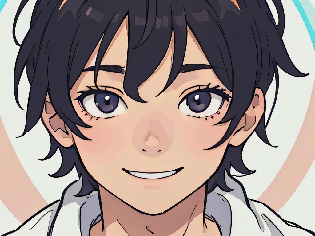 perfect anime illustration, closeup portrait of a boy having short messy hairs, smiling slightly, looking straight in teh camera