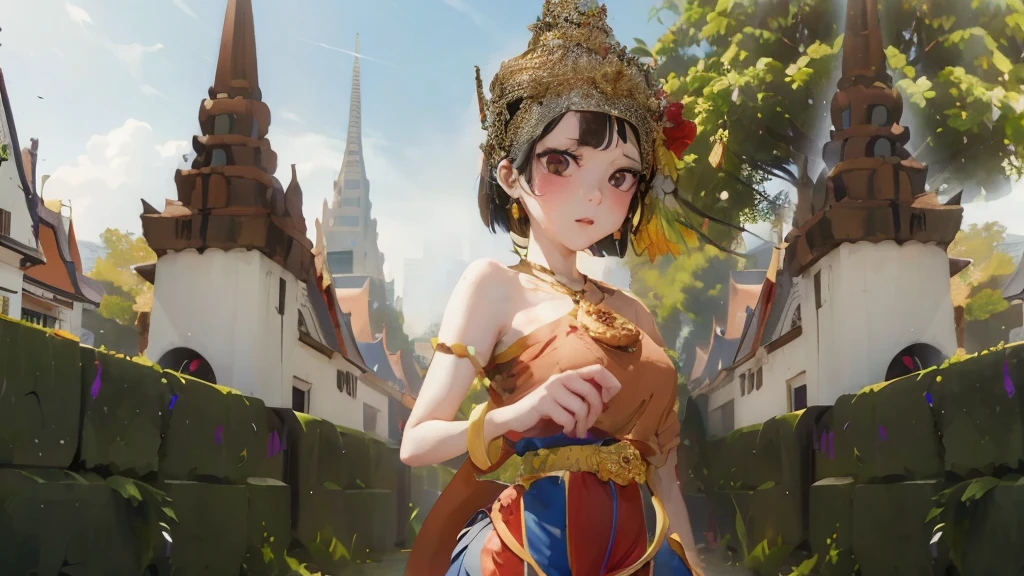 anime girl in a brown dress and a crown standing in front of a castle, artwork in the style of guweiz, anime thai girl, guweiz, artgerm and atey ghailan, guweiz on artstation pixiv, guweiz on pixiv artstation, 2. 5 d cgi anime fantasy artwork, guweiz masterpiece, Pomni in thai dress and The background is a Thai temple, Red and blue shirt, Pomni face, Maintain the same details but details improved