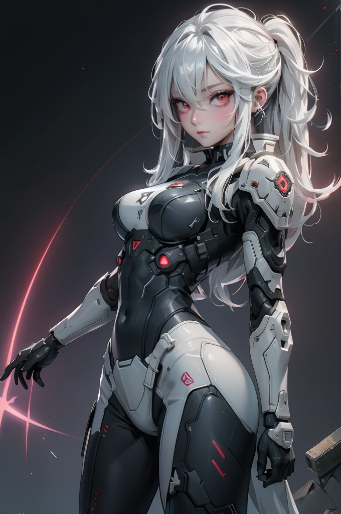 ((Cyberpunk women images)),raise one's arms high:1.4,(masterpiece:1.4, highest quality, Dutch Angle)(One Girl, alone)(Gray hair that changes with light、Smooth and straight hair、WHITE hair fluttering in the wind)、(beautiful, Glowing Skin、Cheek Gloss Highlighter、Sexy and very beautiful and adorable face、世界で最もbeautiful顔、big, Glowing red eyes)、(Cute 25 year old girl, large breasts、Tight waist、Delicate shoulders、Perfect figure)(Overall dark、A ruined futuristic city、The world at the end of the century、Traces of war、cave、Remains)(Futuristic combat suit、White combat armor、Highly decorated combat uniform)(Shooting from close range、Pictures of female faces)