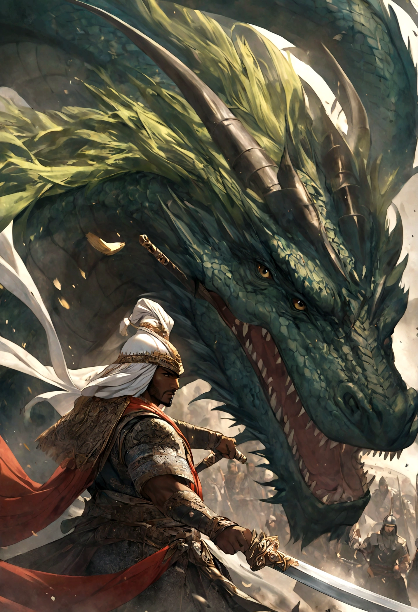 middle east, arabian knight, black skin, battle armor, huge green dragon