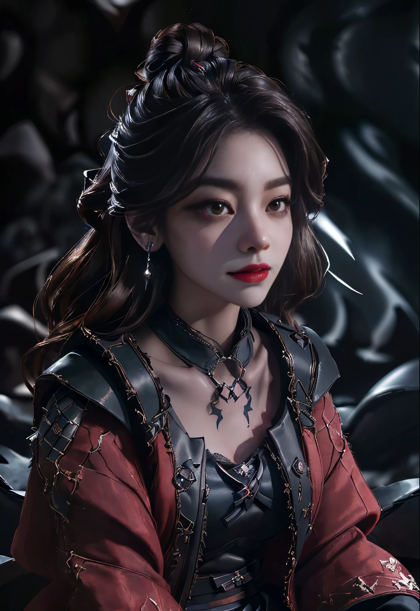 (High resolution,Practical) Long hair girl,skirt, Beautiful demon woman from hell, (in the darkness: 1.6), Very rich facial details,Red-black lips, Shoulder devil tattoo,rugged, Moderate: Detailed facial features, Determine the expression, Dark background,The environment is mysterious and elegant, Model, High contrast required, Jewelry, earrings, miniskirt, shirt, Jacket, brown hair, 白shirt, A bracelet, Hair Bun, single Hair Bun, long skirt, Shut up, Hoop Earrings, blue Jacket, skirt, Beautiful demon woman from hell, (in the darkness: 1.6), 大卫霍克尼和阿尔方斯穆夏的Surrealism女性portrait, Fantasy Art, Korean Doll, Photorealism, Dynamic Lighting, Art Station, poster, Volumetric Lighting, Very rich facial details, 8K, in the darkness, Deep Shadows, low pitch, long hair, Black Hair, Luxurious Palace, Royal style, Demon Crown, The red eye makeup is very vivid and detailed, the most beautiful face, Normal breast, Surrealism, Charming smile, The eye makeup is beautiful, Gurwitz, Devil style, Red-black lips, Shoulder devil tattoo, Gloomy weather,Thunder, (portrait), Close-up of the protagonist, (Background details 1.8), Revealing clothes, cosmetic, 白skirt