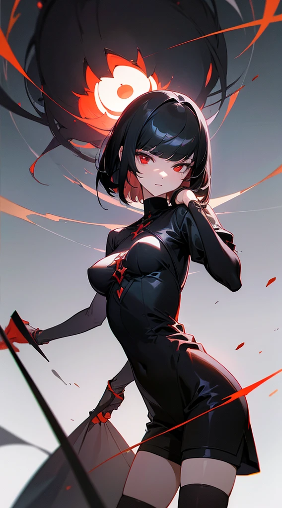 ((Best Quality)), ((Masterpiece)), (Detailed), Girl with short black hair, with straight bangs, red eyes, eyes with eris showing strength, tall and slender, very beautiful and feminine features, with loose black clothing, wearing shorts with long black stockings, short hair, nice breasts