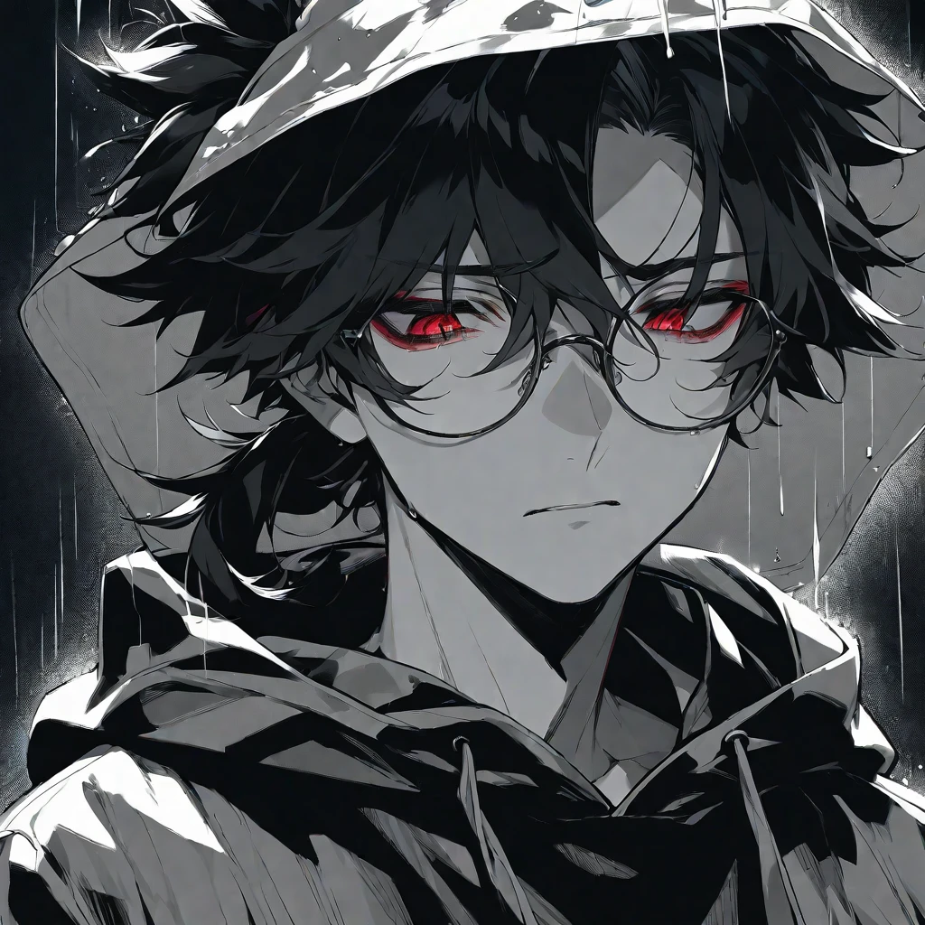 solo, handsome,Monochrome,
1 male,
Ponytail, Braided black hair,
red eyes, Gojo Satoru,casual, black hoodie,
monotone,cool,Sadness,Feelings of emptiness,Emptiness,Round Glasses,Put on the hood,rain,
black background,Look down,Face close-up