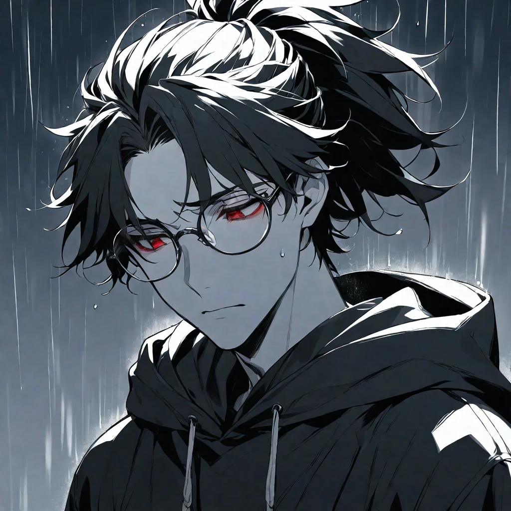 solo, handsome,Monochrome,
1 male,
Ponytail, Braided black hair,
red eyes, Gojo Satoru,casual, black hoodie,
monotone,cool,Sadness,Feelings of emptiness,Emptiness,Round Glasses,Put on the hood,rain,
black background,Look down,Face close-up