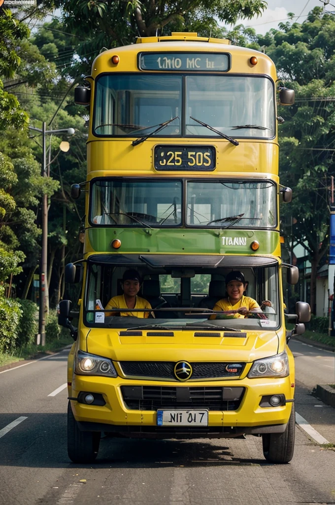 Bus racing aerodinamis dengan bumper besar dan spoiler, warna kuning hijau bertuliskan transjogja, angka 16 di body samping, melewati jalan raya