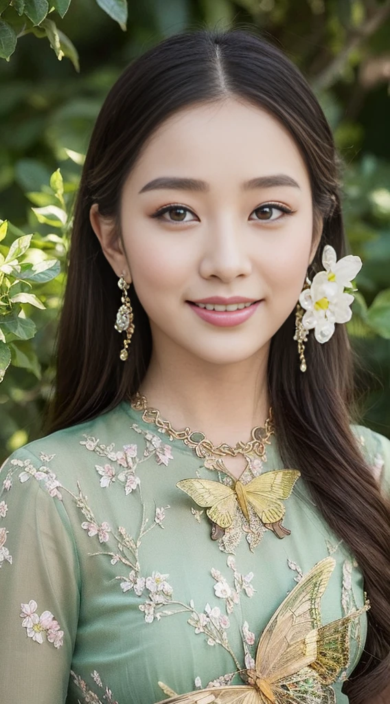 A botanical masterpiece in the style of Marco Mazzoni, detailed, Surreal, Elements of symbolism and surrealism, Intricate Design, insanely beautiful woman, Flowers, bird, diamond, butterfly, pastel, golden details, Looking at the audience, Look straight into the camera, Mysterious Smile.