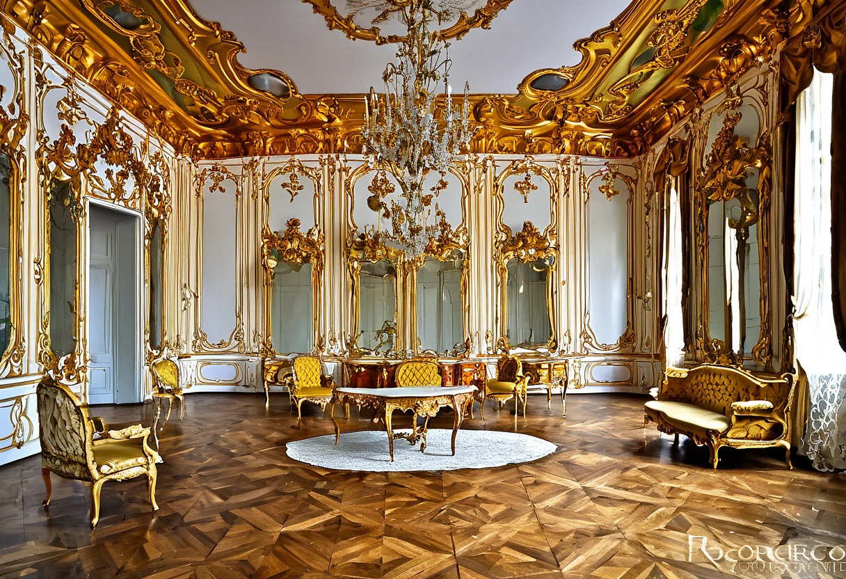 there is a room with a lot of wood and a lot of furniture, baroque interior, decorated polished wood, inlaid with gold rococo, rococo and baroque styles, an abandoned rococo salon, inside a grand ornate room, biedermeier, rococo style, rococo baroque, neo-rococo expressionist style, the style of rococo