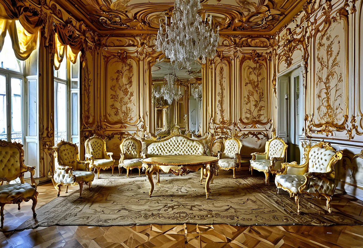 there is a room with a lot of wood and a lot of furniture, baroque interior, decorated polished wood, inlaid with gold rococo, rococo and baroque styles, an abandoned rococo salon, inside a grand ornate room, biedermeier, rococo style, rococo baroque, neo-rococo expressionist style, the style of rococo