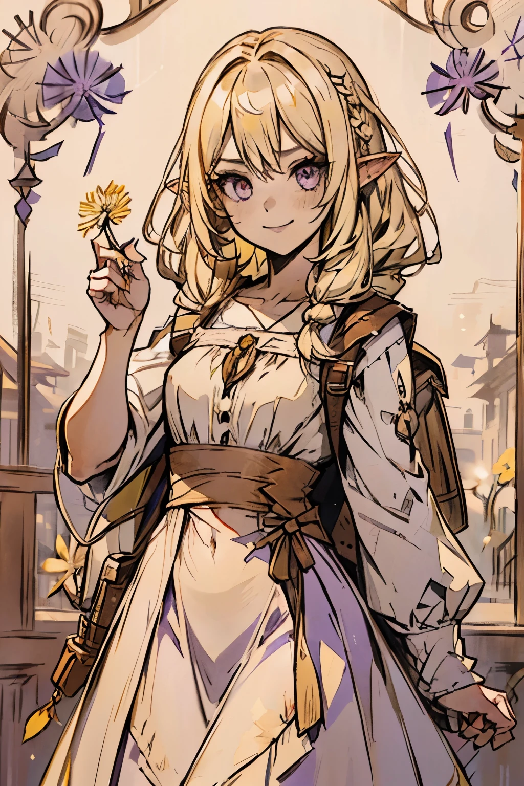 blood_elf, (blonde hair), ((purple eyes)), (braids), long white dress, ((holding a yellow dandelion in hand)), ((waist_long_hair)), world_of_warcraft, female, detailed_hands, brown_knapsack, long_ears, grown woman, medium breasts, no visible stomach, no visible hips, smiling