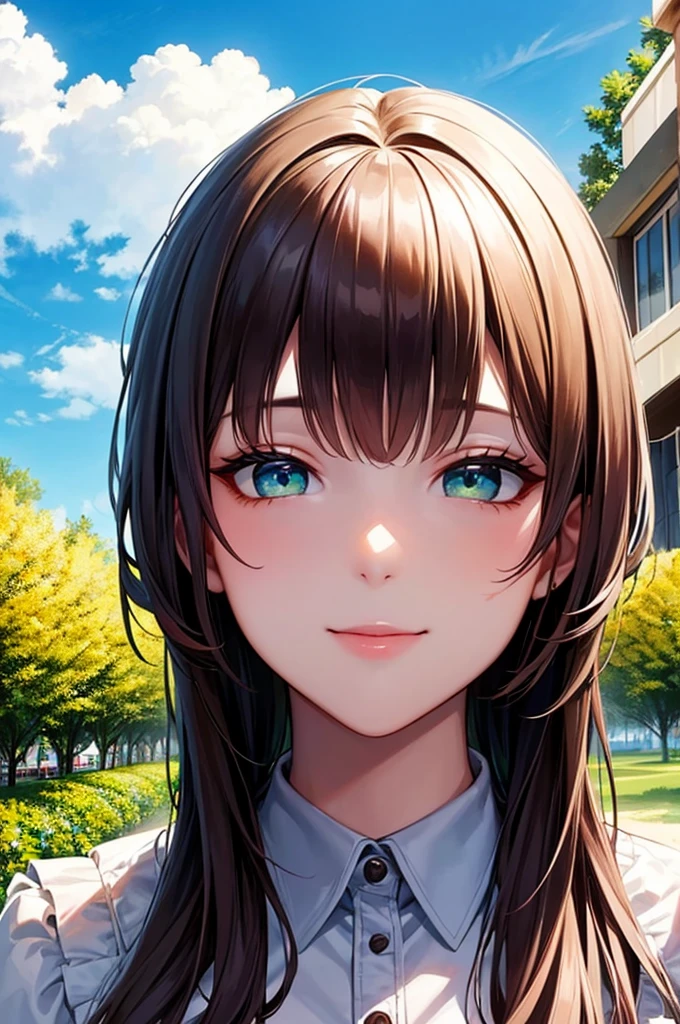 MKSKS, masterpiece, highest quality, figure, close, Frank, Face focus, smile, colorful, Flowers, green sky, Cloud sky, Girl with beautiful eyes,