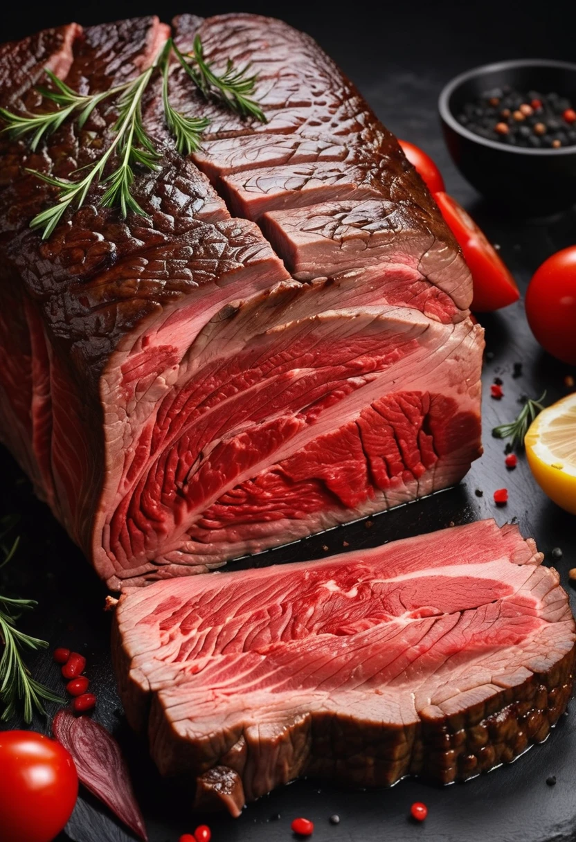 A large cut of beef,Surface smoke black,The outer surface is dark black,Cut surface is red,Have an appetite,Textured,High realism