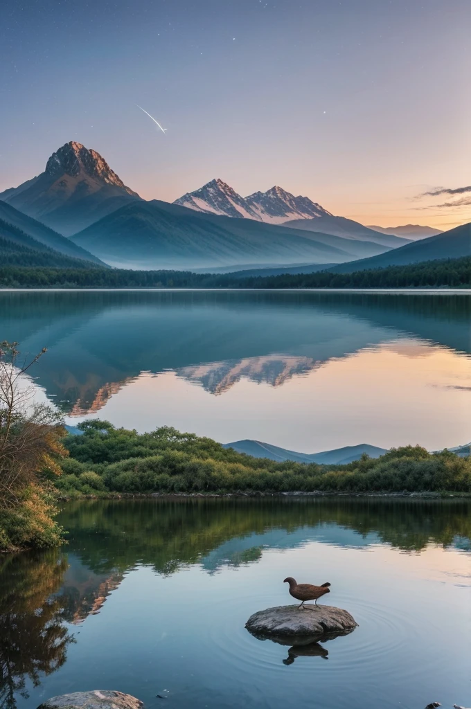 The novel cover presents a tranquil and picturesque scene of a remote lakeside at twilight. The still waters reflect the soft hues of the evening sky, adorned with the gentle glow of distant stars. Tall, majestic mountains loom in the background, their peaks kissed by the last light of the setting sun. The air is filled with a sense of serenity and solitude, interrupted only by the occasional rustle of leaves and distant calls of wildlife. Integrated seamlessly into this serene landscape is the title "Chahtein Ishqwalo ki," elegantly displayed in a calm and contemplative font, capturing the essence of romance and introspection in a peaceful natural se