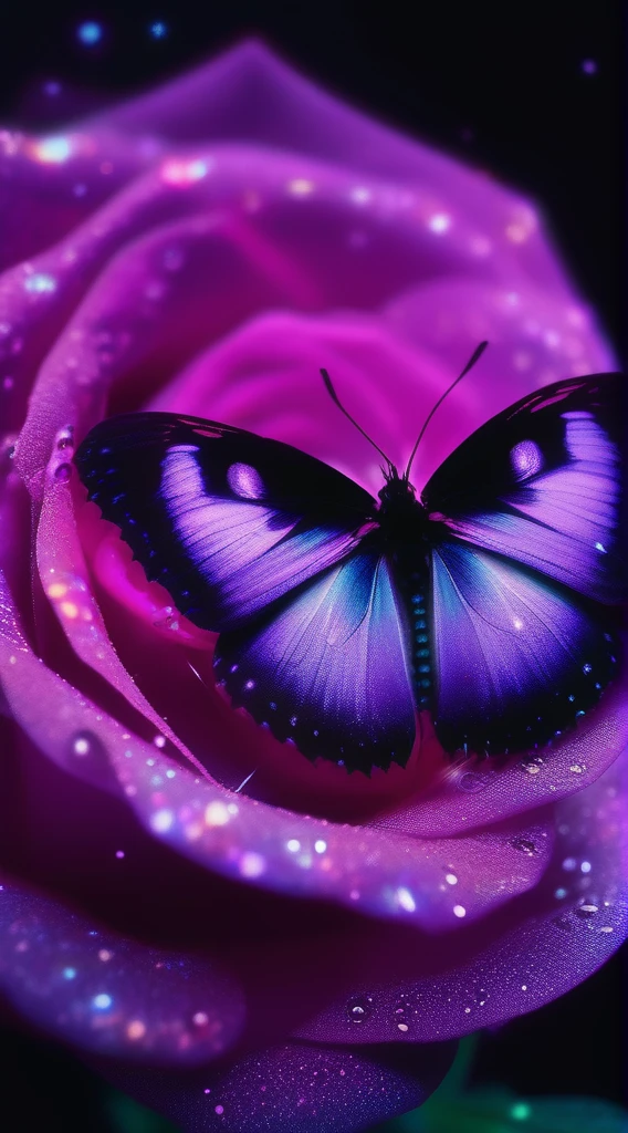 exposure-ral,a (Congelado:1.1) butterfly and cosmic rose,formado por nebulosas,wings and petals shine with a crystalline shine,nebulosas arremolinadas,Fotorrealismo del motor irreal 8k,ethereal lighting,purple,Noche,oscuridad,arte surrealista,