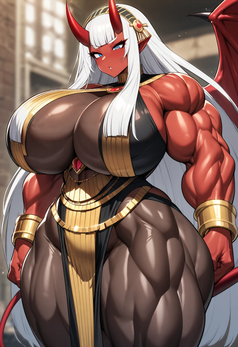 Oni girl with extreme muscular body, gigantic muscular arms, gigantic muscular tights, gigantic erect penis, oni horns, red demon wings, red demon tail, cleopatra outfit, red skin, white hair and gigantic breasts.