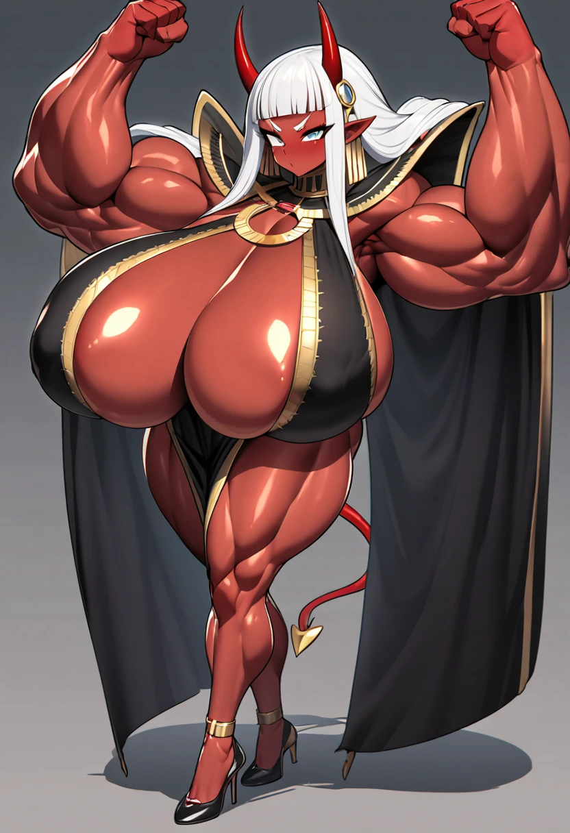 Oni girl with extreme muscular body, gigantic muscular arms, gigantic muscular tights, gigantic erect penis, oni horns, red demon wings, red demon tail, cleopatra outfit, red skin, white hair and gigantic breasts.