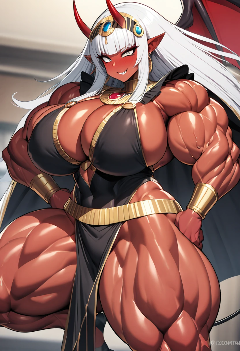 Oni girl with extreme muscular body, gigantic muscular arms, gigantic muscular tights, gigantic erect penis, oni horns, red demon wings, red demon tail, cleopatra outfit, red skin, white hair and gigantic breasts.