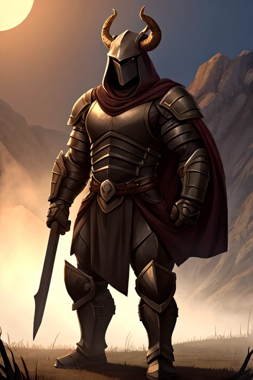 Big muscular man, two big horns cut and filed, wearing a dark armour without any helmet, foggy hood,