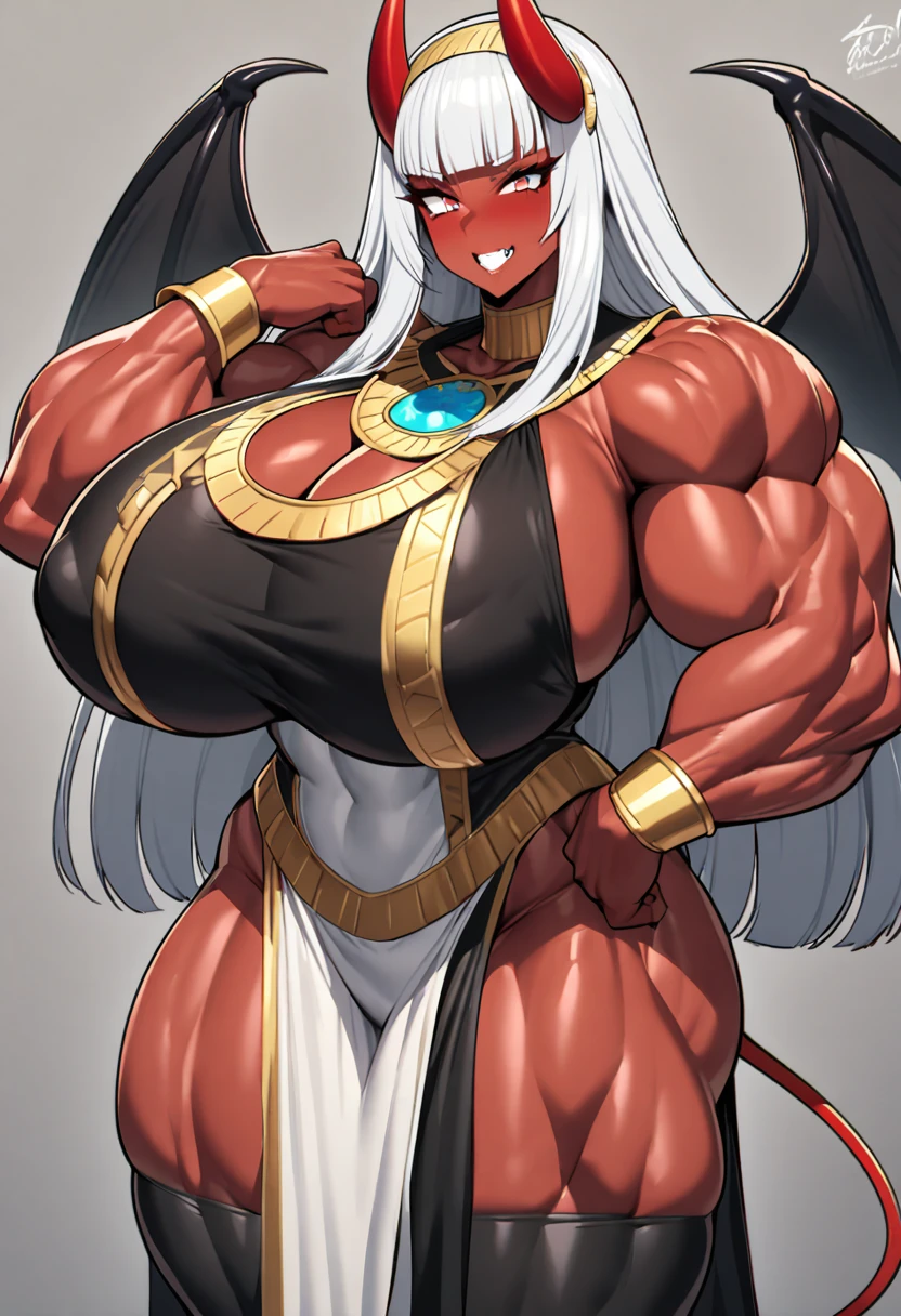 Oni girl with extreme muscular body, gigantic muscular arms, gigantic muscular tights, gigantic erect penis, oni horns, red demon wings, red demon tail, cleopatra outfit, red skin, white hair and gigantic breasts.