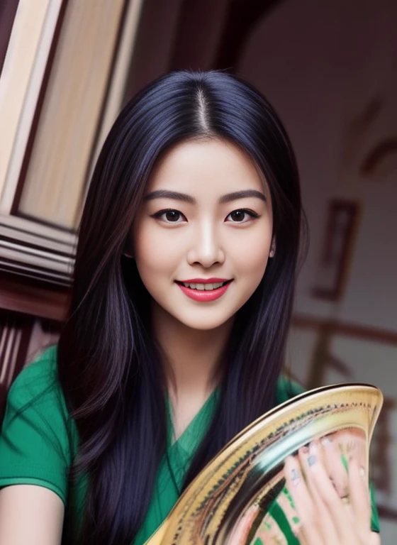 Close-up of woman in green shirt holding plate, Chinese girl, gongbi, palace , girl in hanfu, Chinese princess, Popular Korean cosmetics, Inspiration from Woobin, Portrait of jossi of blackpink, traditional chinese, Yanjun Chengt, beautiful south korean women, Jennie blackpink, Inspiration from Huang Ji, Chinese woman