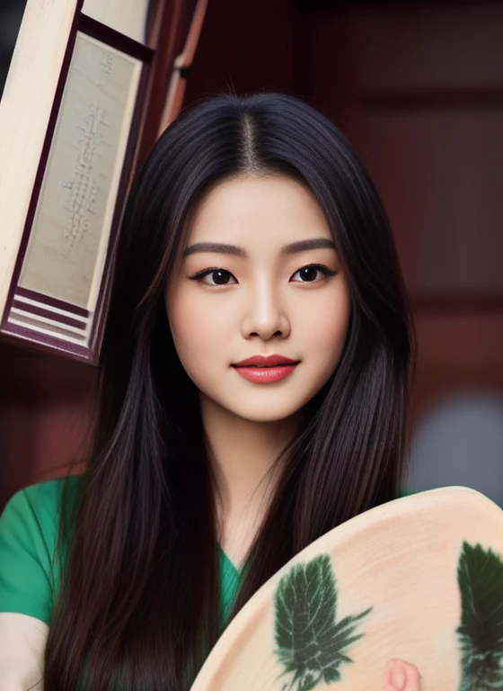 Close-up of woman in green shirt holding plate, Chinese girl, gongbi, palace , girl in hanfu, Chinese princess, Popular Korean cosmetics, Inspiration from Woobin, Portrait of jossi of blackpink, traditional chinese, Yanjun Chengt, beautiful south korean women, Jennie blackpink, Inspiration from Huang Ji, Chinese woman