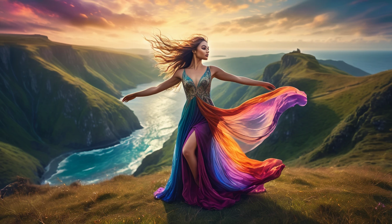 a breathtakingly beautiful woman with arms outstretched, hair flowing in the wind, wearing a stunning sensual dress, set against a magical fantasy landscape, ethereal lighting, highly detailed, vibrant colors, photorealistic, intricate details, dramatic composition, cinematic atmosphere, captivating expression, elegant pose, graceful movement, mesmerizing, dreamlike, otherworldly
