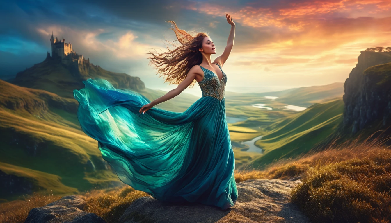 a breathtakingly beautiful woman with arms outstretched, hair flowing in the wind, wearing a stunning sensual dress, set against a magical fantasy landscape, ethereal lighting, highly detailed, vibrant colors, photorealistic, intricate details, dramatic composition, cinematic atmosphere, captivating expression, elegant pose, graceful movement, mesmerizing, dreamlike, otherworldly
