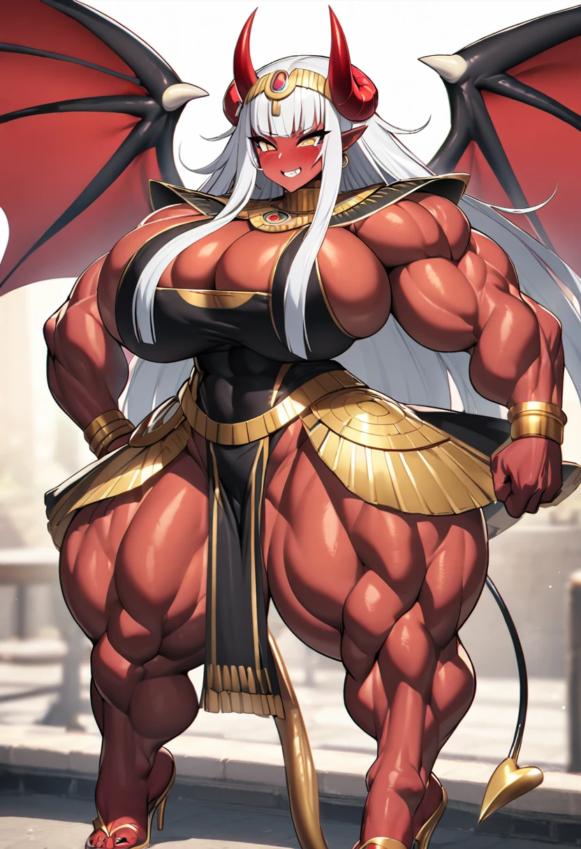 Oni girl with extreme muscular body, gigantic muscular arms, gigantic muscular tights, gigantic erect penis, oni horns, red demon wings, red demon tail, cleopatra outfit, red skin, white hair and gigantic breasts.