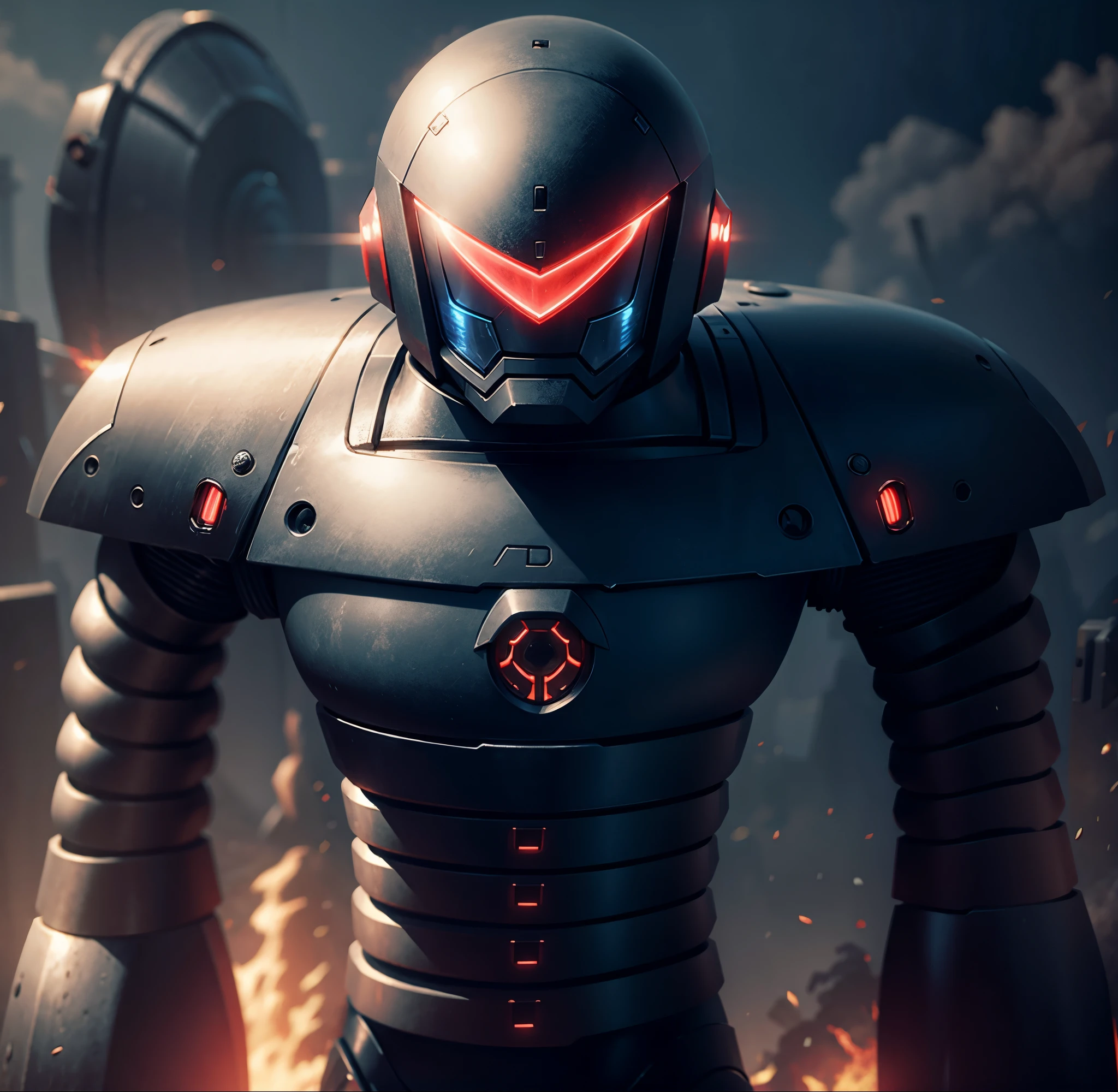 Round armor, robot, cyber, high quality, black iron body, red eyes, battlefield in the background,