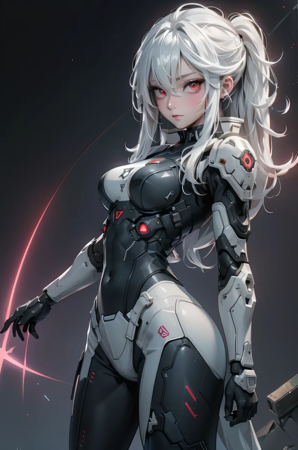 ((Cyberpunk women images))，raise one's arms high:1.4,(masterpiece:1.4, highest quality, Dutch Angle)(One Girl, alone)（Gray hair that changes with light、Smooth and straight hair、WHITE hair fluttering in the wind）、（beautiful, Glowing Skin、Cheek Gloss Highlighter、Sexy and very beautiful and adorable face、The most beautiful face in the world、big, Glowing red eyes）、（Cute 25 year old girl, large breasts、Tight waist、Delicate shoulders、Perfect figure）（Overall dark、A ruined futuristic city、The world at the end of the century、Traces of war、cave、Remains）(Futuristic combat suit、White combat armor、Highly decorated combat uniform)（Shooting from close range、Pictures of female faces）
