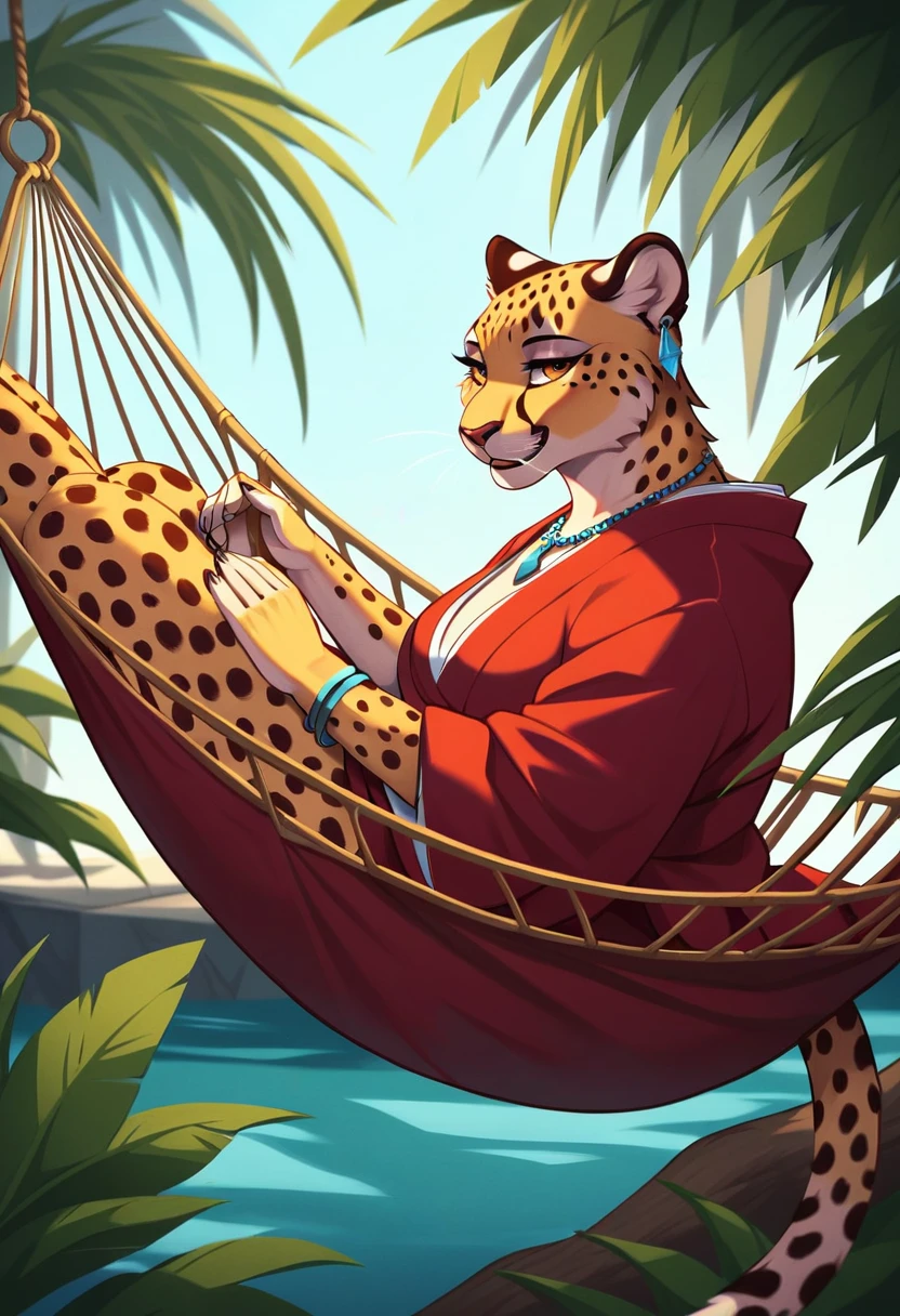 （masterpiece），（Very detailed），（best quality），8k，（Face close-up 1.5），（（high quality）, Female cheetah, fat, hammock, tropical setting, kimono, silver earrings, silver bracelets, silver rings, silver necklaces