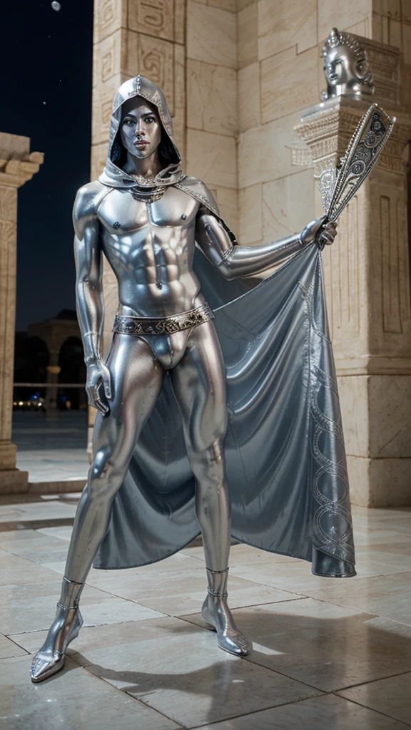 A full-length statue of a handsome sexy young man with beautiful open blue eyes, looking forward, with silver skin - The Moon God, made of silver, Arab appearance, naked, in a silver skirt to the floor, with a hood, semicircular symbols on clothes
In a temple with Arabic architecture made of silver
