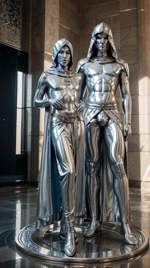 A full-length statue of a handsome sexy young man with beautiful open blue eyes, looking forward, with silver skin - The Moon God, made of silver, Arab appearance, naked, in a silver skirt to the floor, with a hood, semicircular symbols on clothes
In a temple with Arabic architecture made of silver
