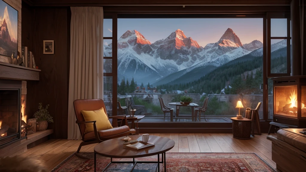 fireplace in a cozy living room with a view of the mountains, a hyperrealistic painting inspired by Evgeny Lushpin, polycount contest winner, digital art, unreal engine ; romantic theme, cozy and peaceful atmosphere, cozy place, cozy setting, cozy home background, cozy and calm, cozy atmospheric, cozy environment, warm beautiful scene, cozy atmosphere