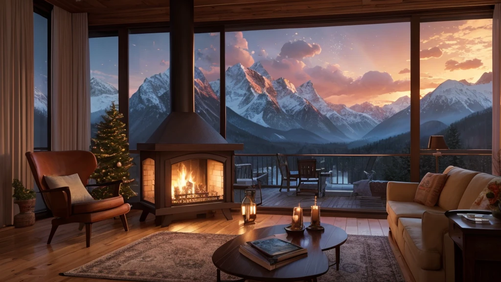 fireplace in a cozy living room with a view of the mountains, a hyperrealistic painting inspired by Evgeny Lushpin, polycount contest winner, digital art, unreal engine ; romantic theme, cozy and peaceful atmosphere, cozy place, cozy setting, cozy home background, cozy and calm, cozy atmospheric, cozy environment, warm beautiful scene, cozy atmosphere